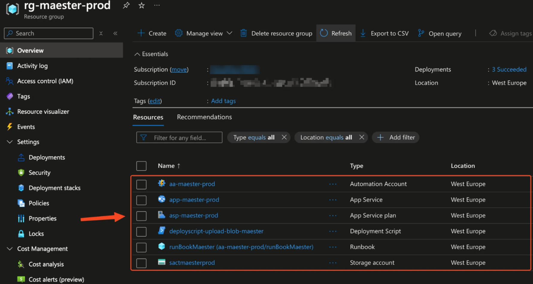 Screenshot of the M365Advisor Azure resources