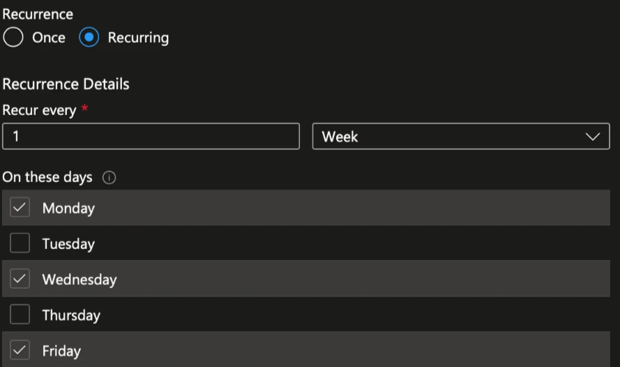 Screenshot of the M365Advisor Azure schedule