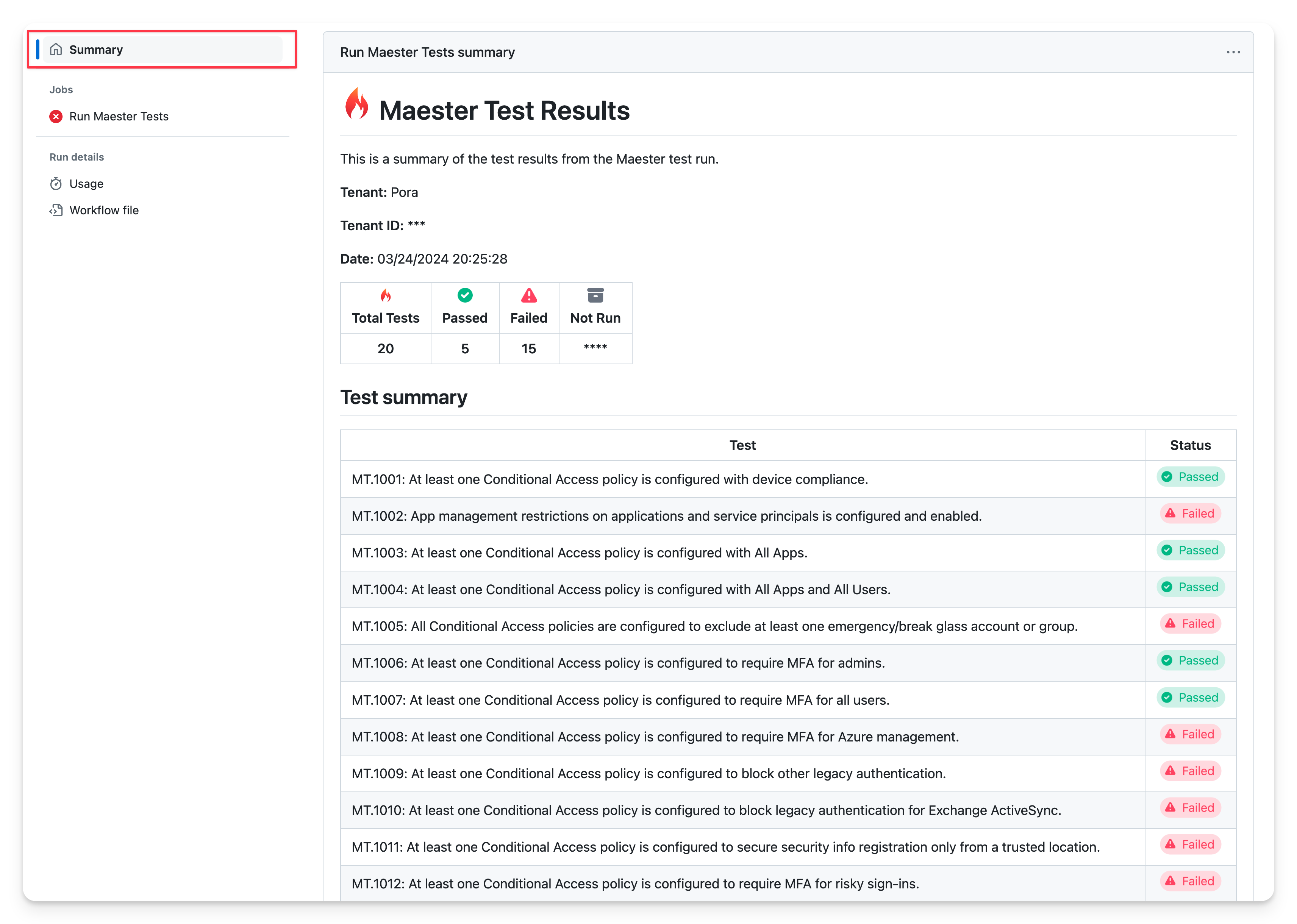 Screenshot of M365Advisor report in the GitHub Summary Page